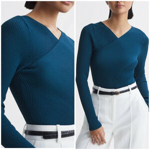 REISS Long Sleeve Ribbed Wrap Top in Blue Teal, Size L Viscose Blend
